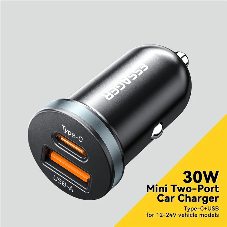ESSAGER ES-CC12 PD 30W Carregador Duplo Portas Mini para Carro Leve, Carregador de Isqueiro para Veículos de 12-24V
