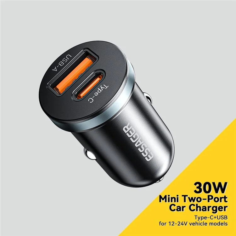 ESSAGER ES-CC12 PD 30W Carregador Duplo Portas Mini para Carro Leve, Carregador de Isqueiro para Veículos de 12-24V