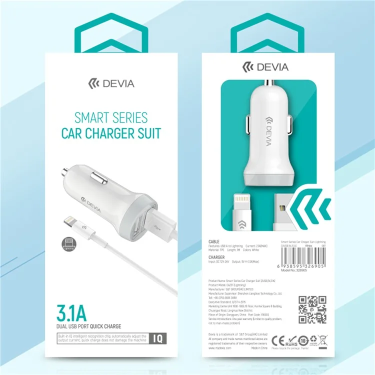 Devia Smart Series EA131 5V3.1A Двойное Usb-автомобильное Зарядное Устройство Для Универсальных Автомобилей 12V-24V