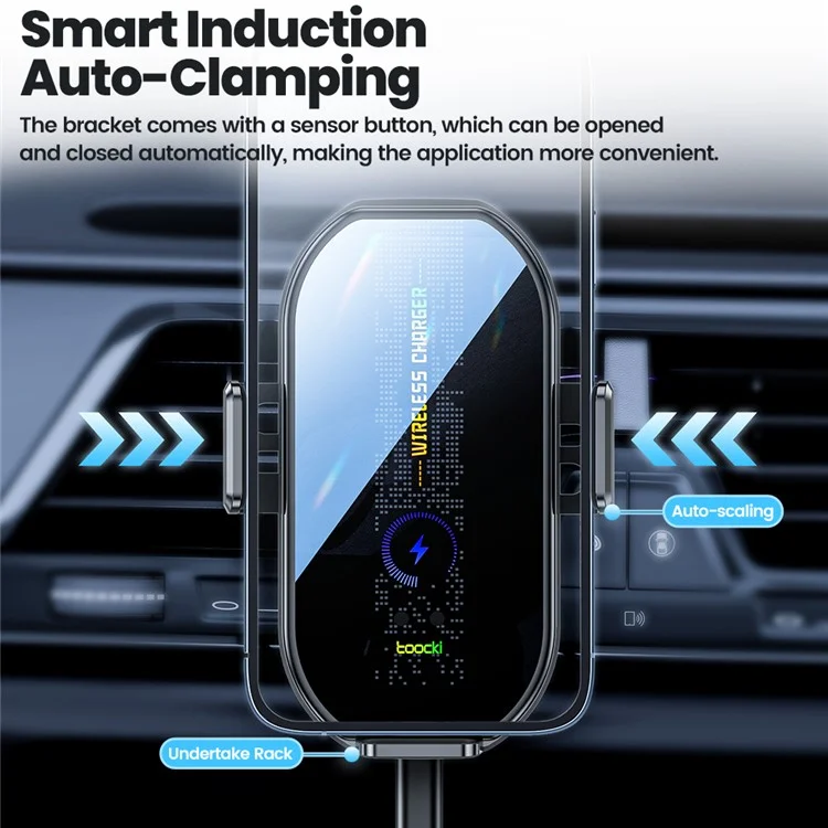 TOOCKI A7 Wireless Car Charger 15W Fast Charging Auto-Clamping Air Vent Cell Phone Holder - Black