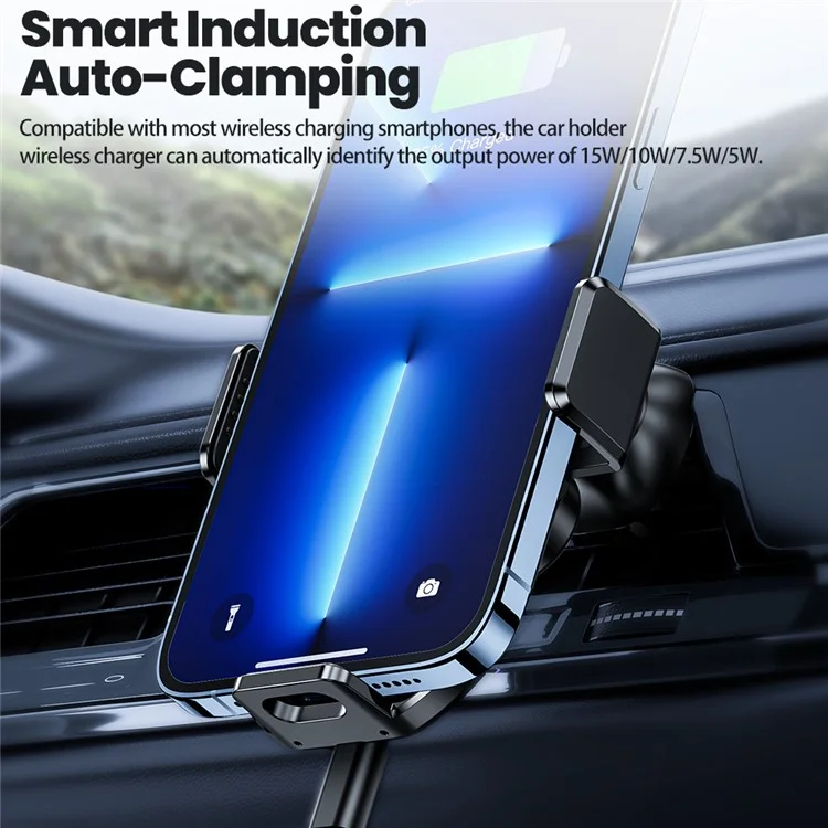 TOOCKI A7 Wireless Car Charger 15W Fast Charging Auto-Clamping Air Vent Cell Phone Holder - Black