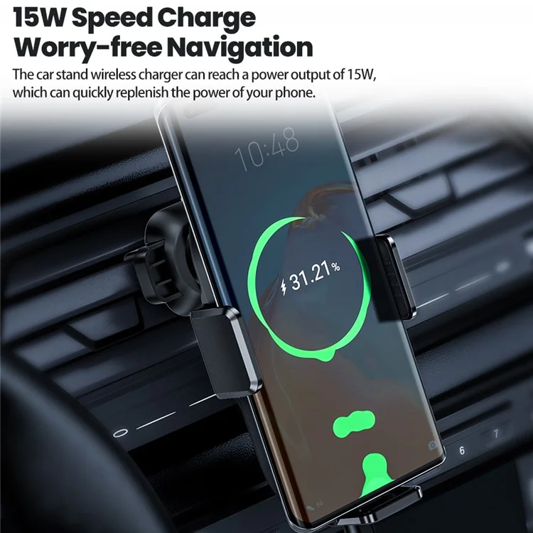 TOOCKI A7 Wireless Car Charger 15W Fast Charging Auto-Clamping Air Vent Cell Phone Holder - Black