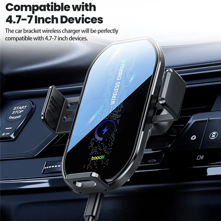 TOOCKI A7 Wireless Car Charger 15W Fast Charging Auto-Clamping Air Vent Cell Phone Holder - Black