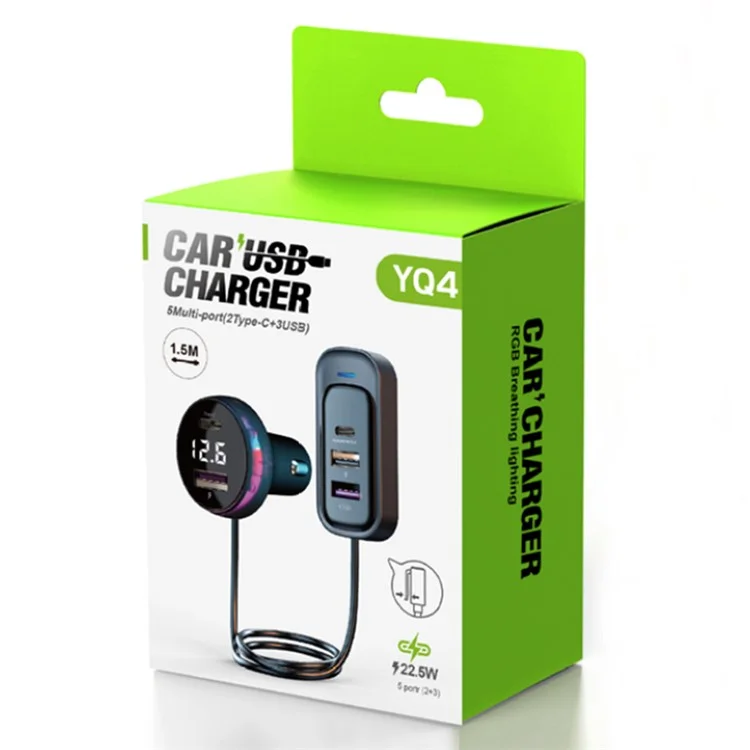 YQ4 Car Charger 5 Ports Charging Adapter with 1.5m Cable for Back Seat Charging