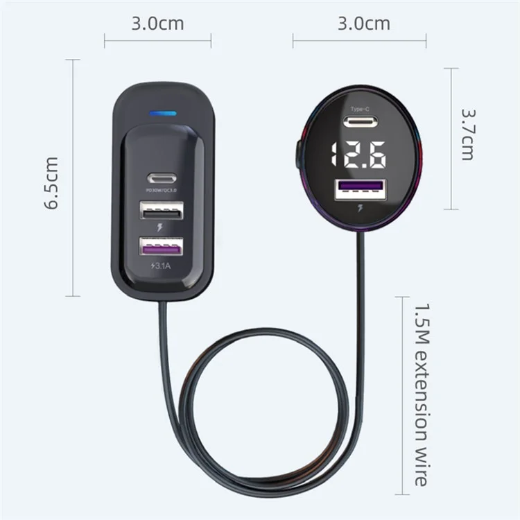 YQ4 Car Charger 5 Ports Charging Adapter with 1.5m Cable for Back Seat Charging