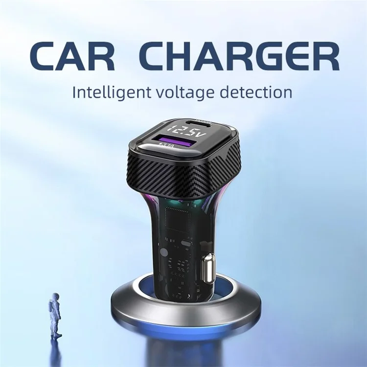 K27 PD 30W Fast Charging RGB Light Type-C+USB Car Charger with Voltage Detection