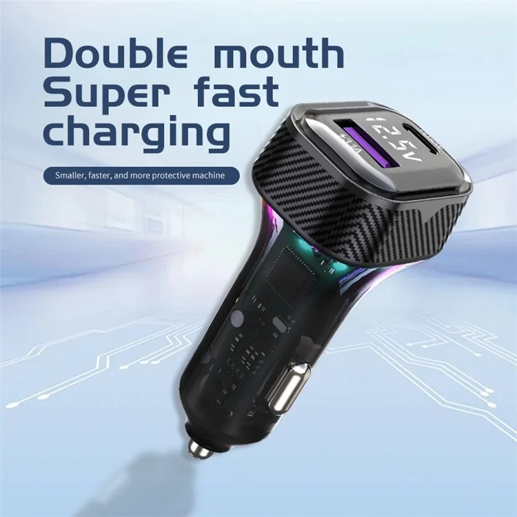 K27 PD 30W Fast Charging RGB Light Type-C+USB Car Charger with Voltage Detection