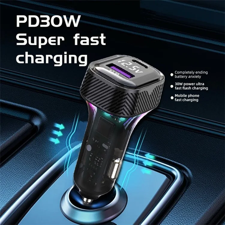 K27 PD 30W Fast Charging RGB Light Type-C+USB Car Charger with Voltage Detection
