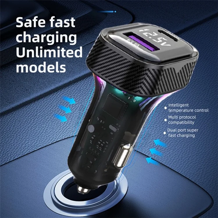 K27 PD 30W Fast Charging RGB Light Type-C+USB Car Charger with Voltage Detection