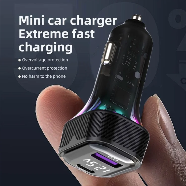 K27 PD 30W Fast Charging RGB Light Type-C+USB Car Charger with Voltage Detection