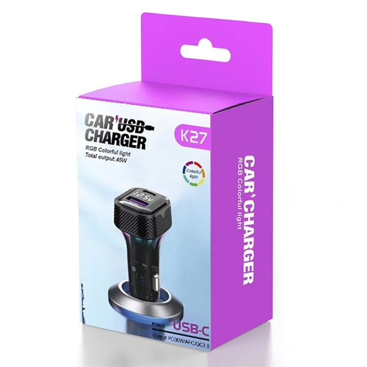 K27 PD 30W Fast Charging RGB Light Type-C+USB Car Charger with Voltage Detection