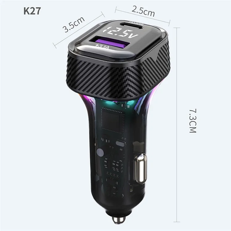 K27 PD 30W Fast Charging RGB Light Type-C+USB Car Charger with Voltage Detection