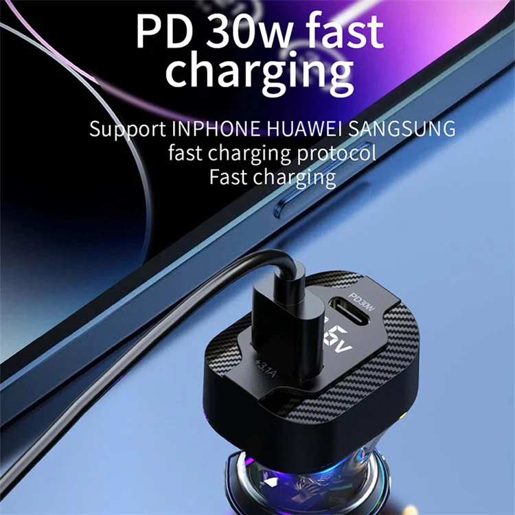 K28 PD 30W USB+Type-C Power Adapter Voltage Digital Display Fast Charging Car Charger