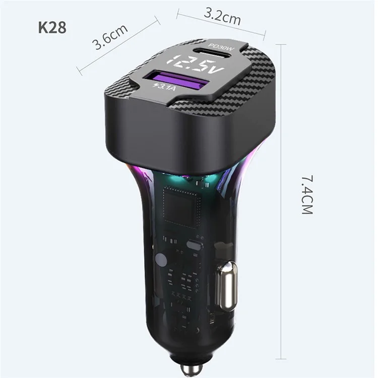 K28 PD 30W USB+Type-C Power Adapter Voltage Digital Display Fast Charging Car Charger