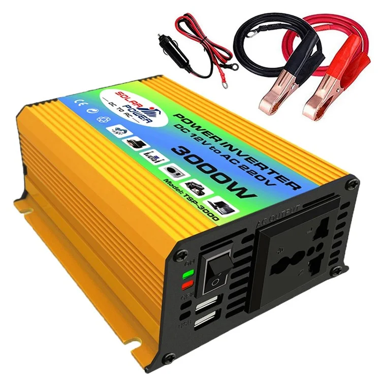 Tang I Geração 12V para 220V 3000W Inversor Inteligente de Energia para Carro com Carregador USB Duplo para Acampamento, Viagem - Amarelo