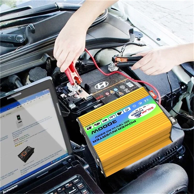 Tang I Geração 12V para 220V 3000W Inversor Inteligente de Energia para Carro com Carregador USB Duplo para Acampamento, Viagem - Amarelo