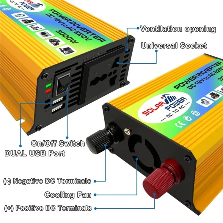 Tang I Geração 12V para 220V 3000W Inversor Inteligente de Energia para Carro com Carregador USB Duplo para Acampamento, Viagem - Amarelo