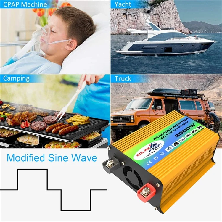 Tang I Geração 12V para 220V 3000W Inversor Inteligente de Energia para Carro com Carregador USB Duplo para Acampamento, Viagem - Amarelo