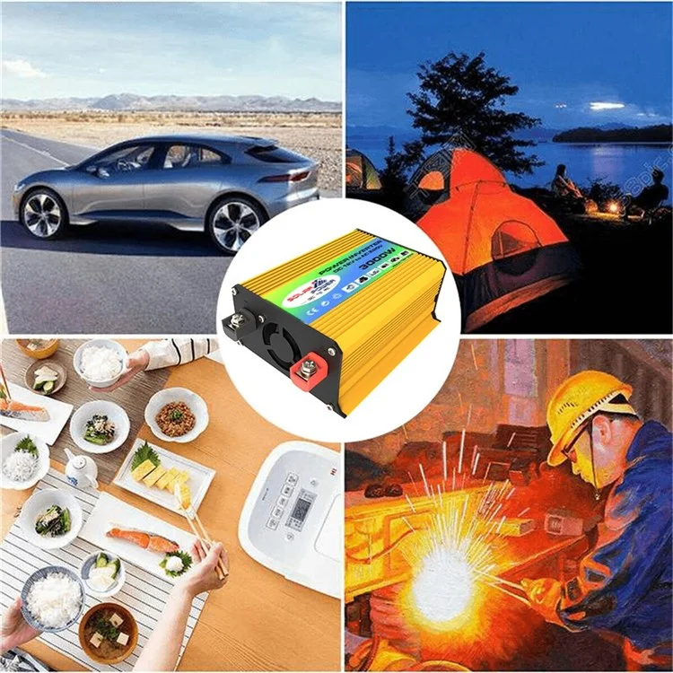 Tang I Geração 12V para 220V 3000W Inversor Inteligente de Energia para Carro com Carregador USB Duplo para Acampamento, Viagem - Amarelo