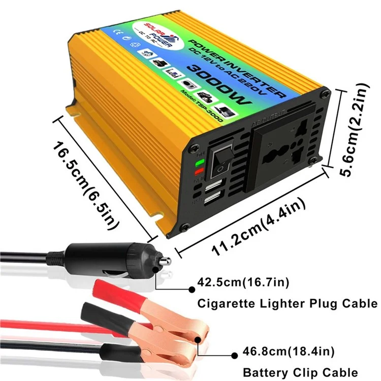 Tang I Geração 12V para 220V 3000W Inversor Inteligente de Energia para Carro com Carregador USB Duplo para Acampamento, Viagem - Amarelo