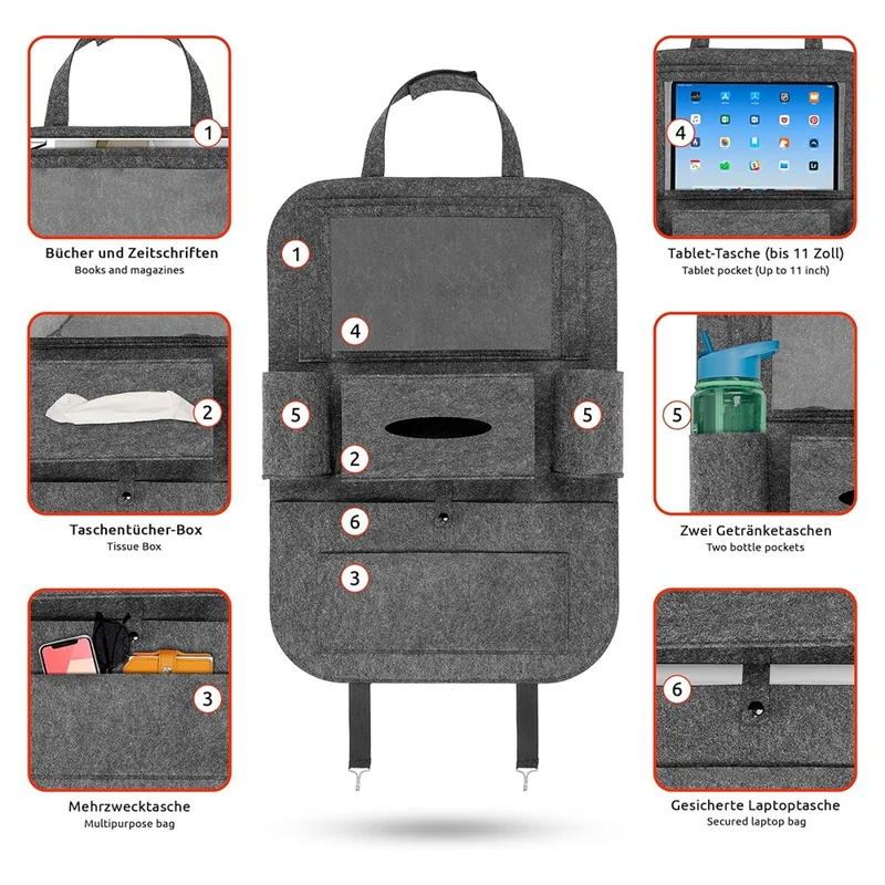 Car Seat Back Felt Hanging Bag Multi-Pocket Sundries Tissue Tablet Storage Bag - Dark Grey