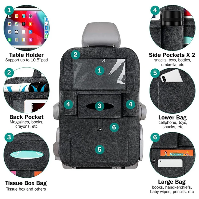 Car Seat Back Felt Hanging Bag Multi-Pocket Sundries Tissue Tablet Storage Bag - Dark Grey