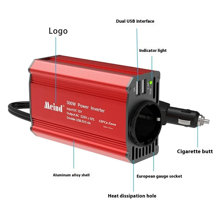 MEIND M7900 Inversor de Carro de Carro de 12V a 220V de 220V Com Soquete da ue + 2 Portas USB - Vermelho