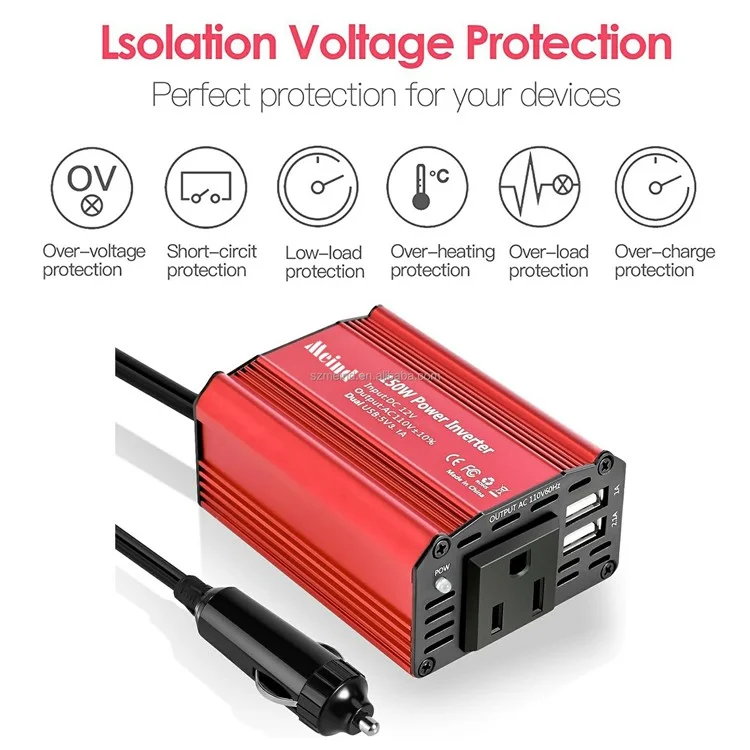 Meind M6500 150W Inverter de Energia de Carro 12V a 220V ca Converter Com Portas USB Duplas - Plugue da Ue+vermelho