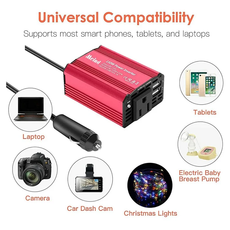 Meind M6500 150W Inverter de Energia de Carro 12V a 220V ca Converter Com Portas USB Duplas - Plugue da Ue+vermelho