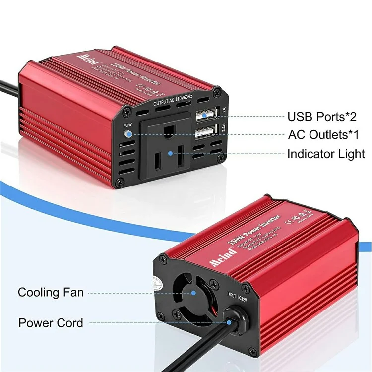 Meind M6500 150W Inverter de Energia de Carro 12V a 220V ca Converter Com Portas USB Duplas - Plugue da Ue+vermelho
