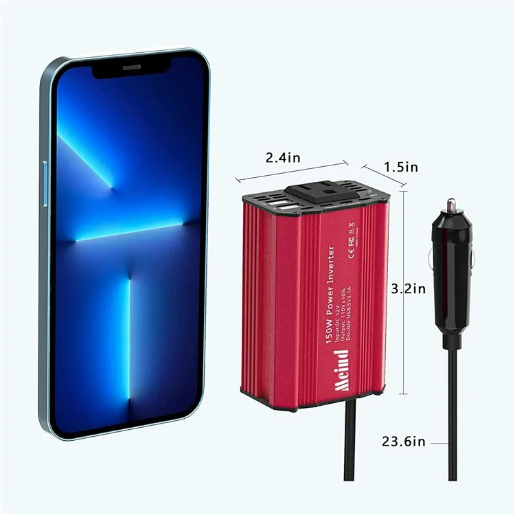Meind M6500 150W Inverter de Energia de Carro 12V a 220V ca Converter Com Portas USB Duplas - Plugue da Ue+vermelho