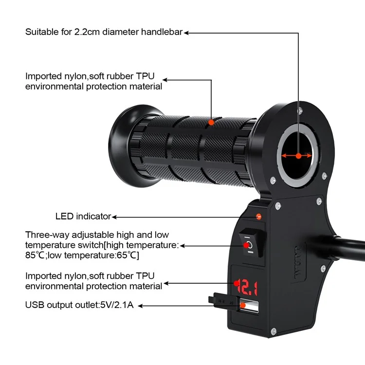 Wupp CS-503A1 1Pair Motocicleta de Inverno Afilia Aquecida Molo de Aquecimento Elétrico Universal 12V Aquecimento Modificado Grips E-Bike Mais Quente - Vermelho