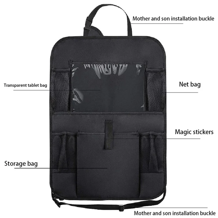 BY-1050 Multi-Pocket Car Back Seat Organizer Protector Hanging Storage Bag with Transparent Tablet Pouch