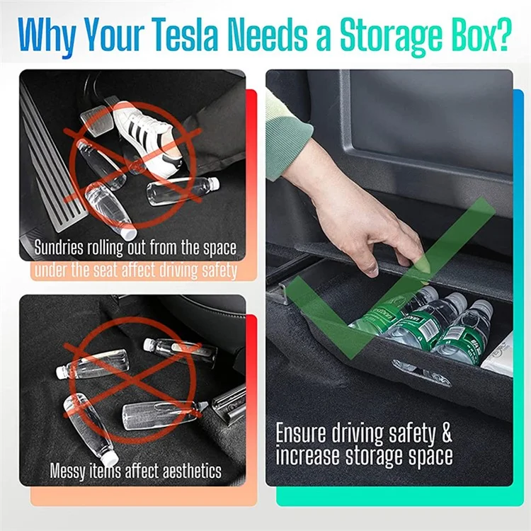 M10343 For Tesla Model Y Under Seat Storage Tray Car Driver Passenger Underseat Hidden Felt Cloth Organizer Box with Lid