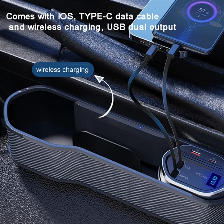 Car Seat Gap Storage Box Organizer Front Seat Console Side Pocket with Data Cable Charging (Cigarette Lighter Plug)