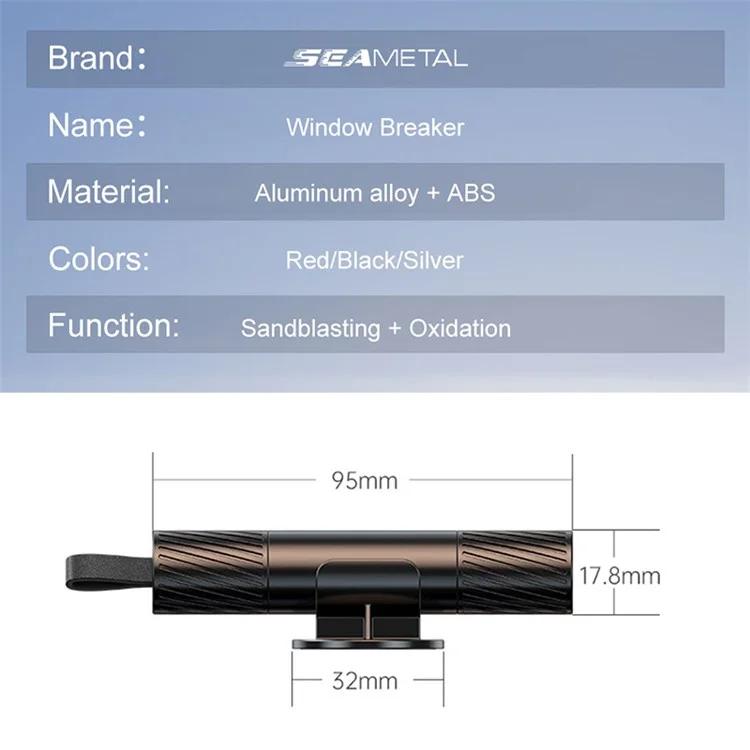 SEAMETAL AC02 Stripe Pattern Car Window Breaker 2-in-1 Metal Hammer + Seat Belt Cutter Car Safety Escape Hammer - Black