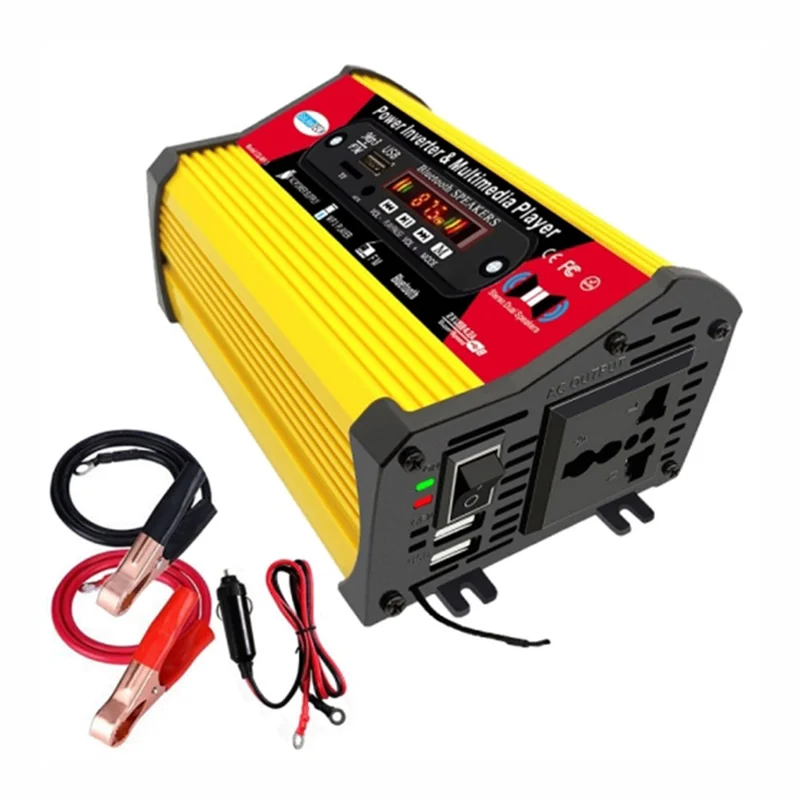 SOLIKETECH 300W Car Power Inverter with Bluetooth / MP3 / FM Multimedia Player 12V-220V Inverter Converter - Yellow Shell