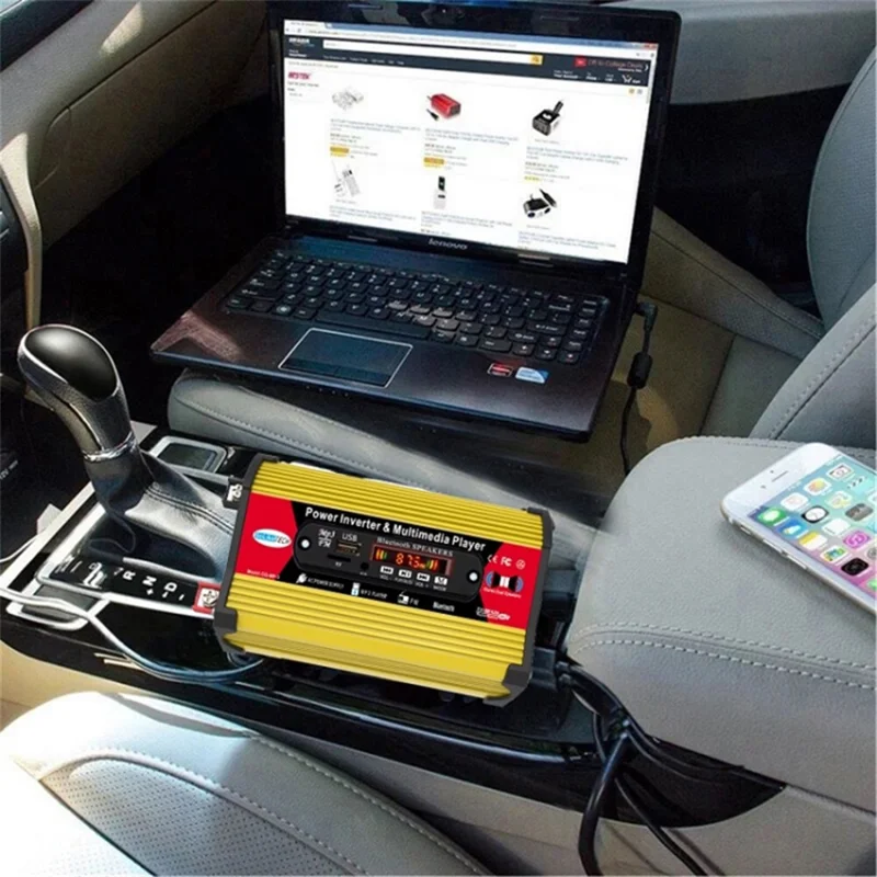 SOLIKETECH 300W Car Power Inverter with Bluetooth / MP3 / FM Multimedia Player 12V-220V Inverter Converter - Yellow Shell