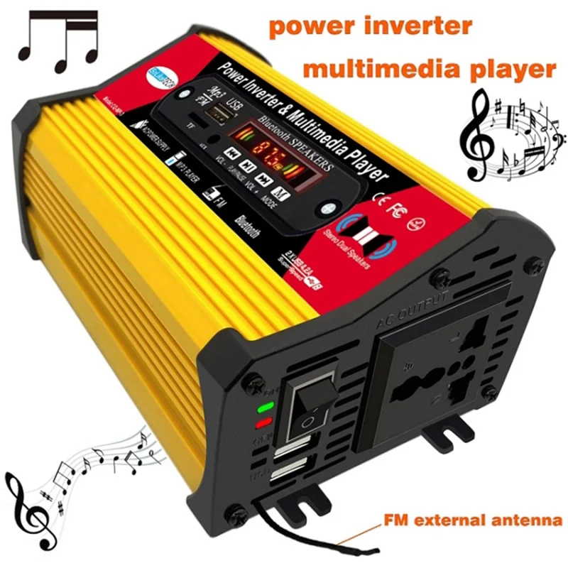 SOLIKETECH 300W Car Power Inverter with Bluetooth / MP3 / FM Multimedia Player 12V-220V Inverter Converter - Yellow Shell