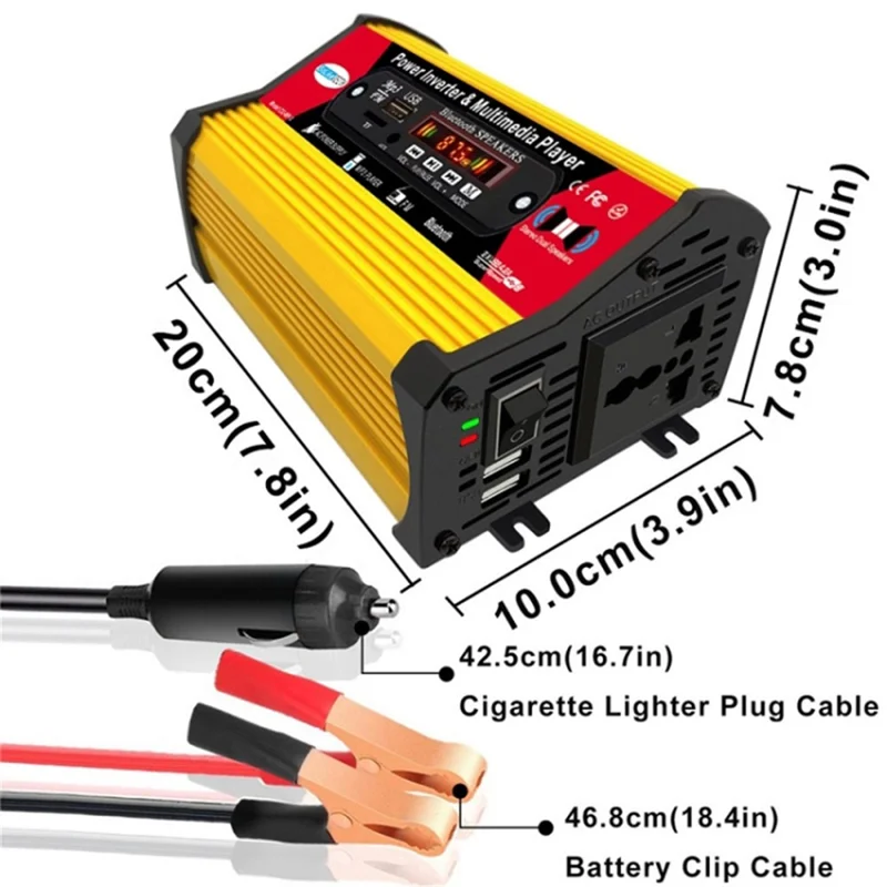 SOLIKETECH 300W Car Power Inverter with Bluetooth / MP3 / FM Multimedia Player 12V-220V Inverter Converter - Yellow Shell