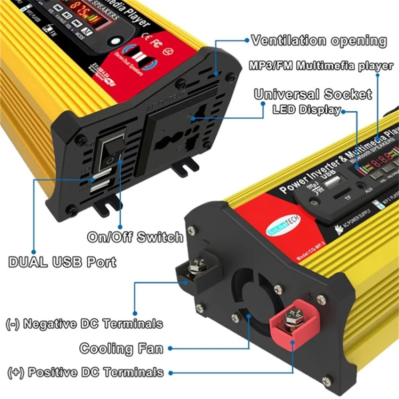 SOLIKETECH 300W Car Power Inverter with Bluetooth / MP3 / FM Multimedia Player 12V-220V Inverter Converter - Yellow Shell