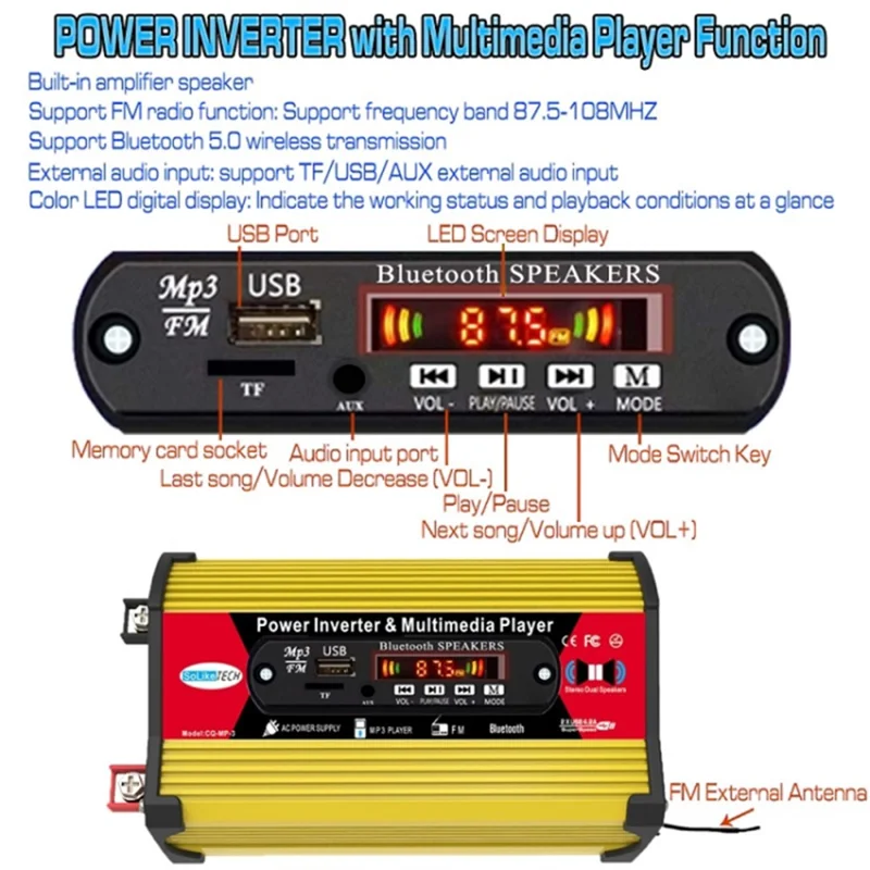 SOLIKETECH 300W Car Power Inverter with Bluetooth / MP3 / FM Multimedia Player 12V-220V Inverter Converter - Yellow Shell