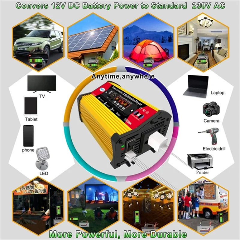 SOLIKETECH 300W Car Power Inverter with Bluetooth / MP3 / FM Multimedia Player 12V-220V Inverter Converter - Yellow Shell