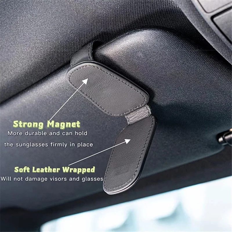 Magnetic Adsorption Car Sun Visor Glasses Holder PU Leather Sunglasses Card Ticket Clip - Red