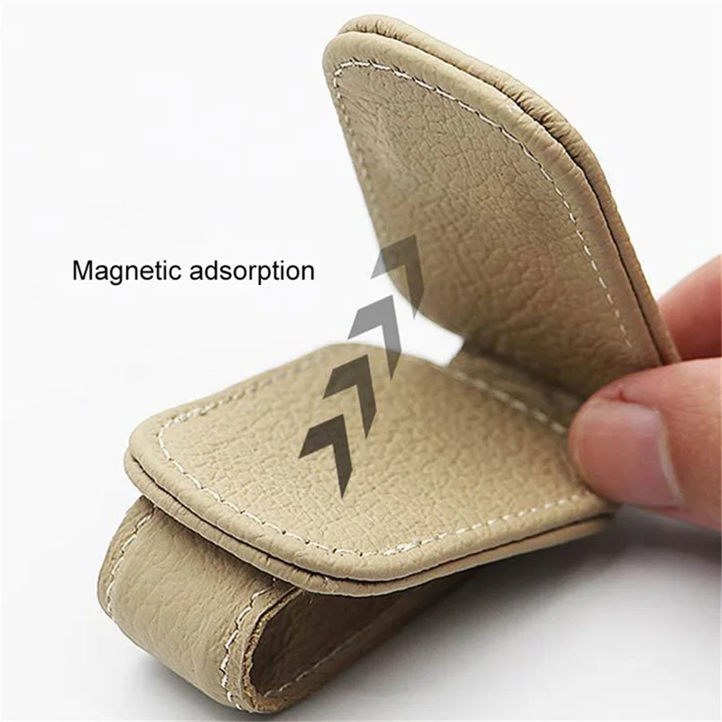 Magnetic Adsorption Car Sun Visor Glasses Holder PU Leather Sunglasses Card Ticket Clip - Red
