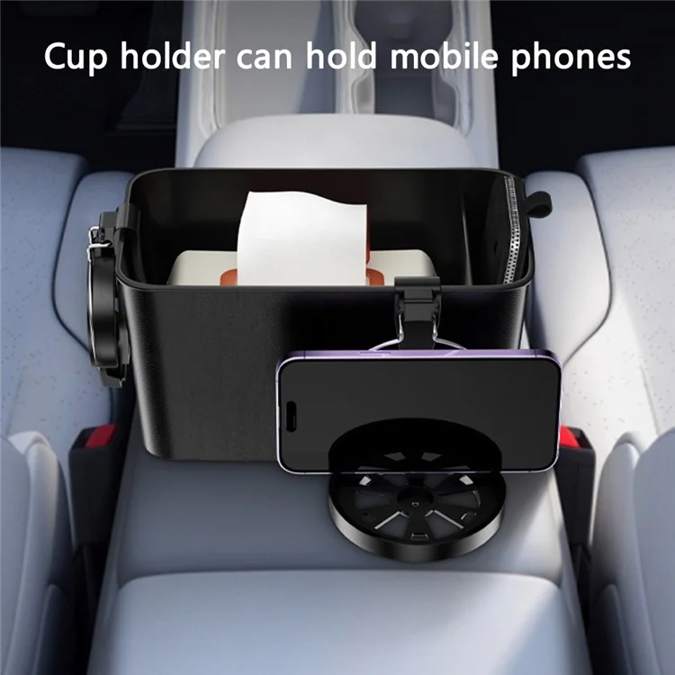 9713A Car Armrest Box Mounted ABS Storage Box Tissue Paper Phone Organizer with 2 Cup Holder - Black