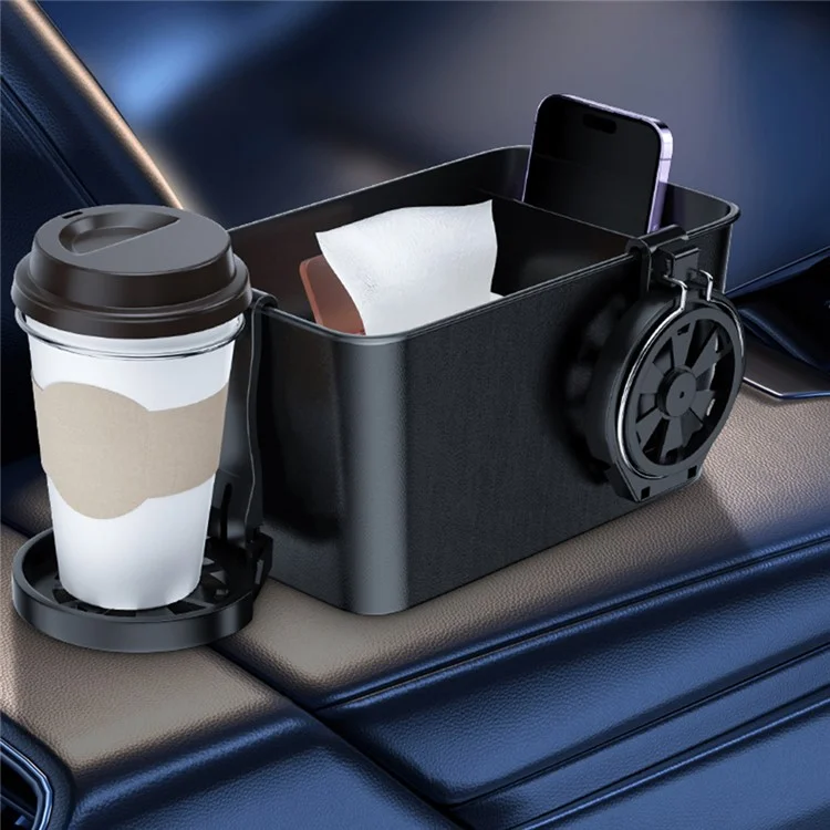 9713A Car Armrest Box Mounted ABS Storage Box Tissue Paper Phone Organizer with 2 Cup Holder - Black