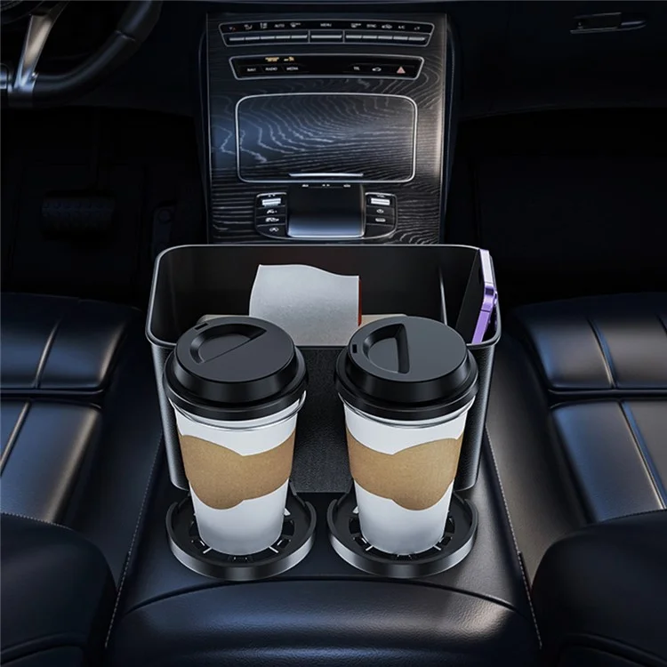 9713A Car Armrest Box Mounted ABS Storage Box Tissue Paper Phone Organizer with 2 Cup Holder - Black