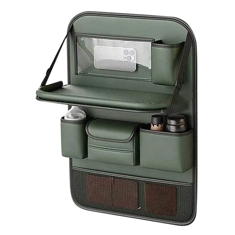 Leather Car Seat Back Organizer Hanging Waterproof Storage Bag with Foldable Table - Green