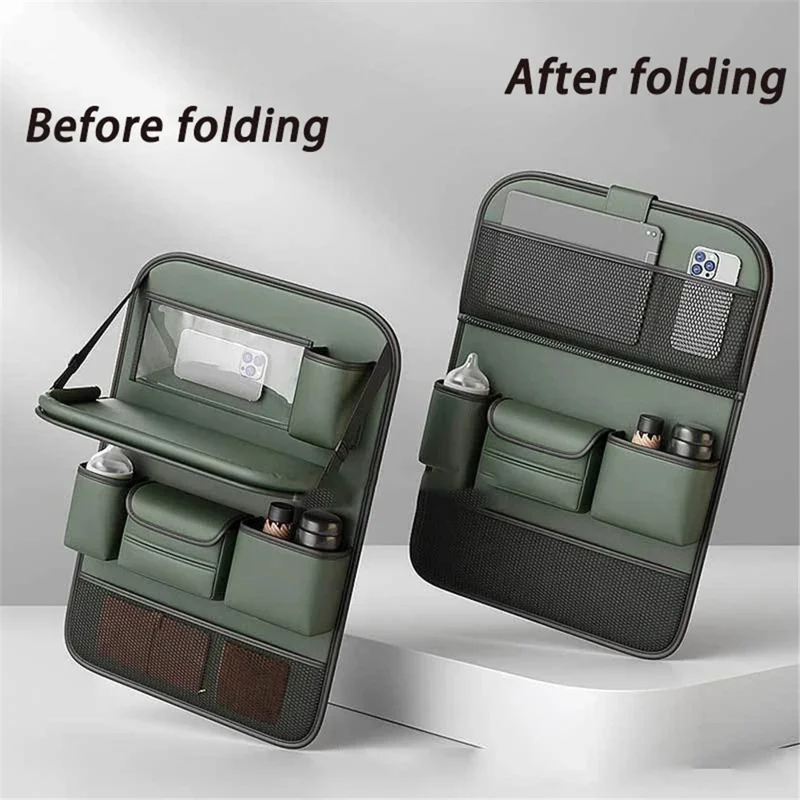 Leather Car Seat Back Organizer Hanging Waterproof Storage Bag with Foldable Table - Green